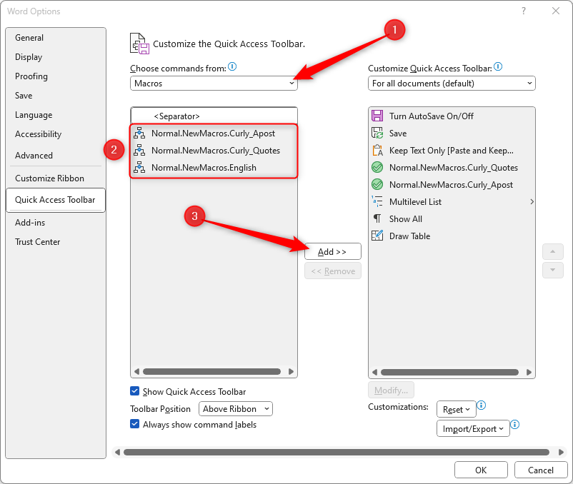 Finestra di dialogo Opzioni di Word con la sezione Barra di accesso rapido aperta e le macro aggiunte alla barra di accesso rapido.