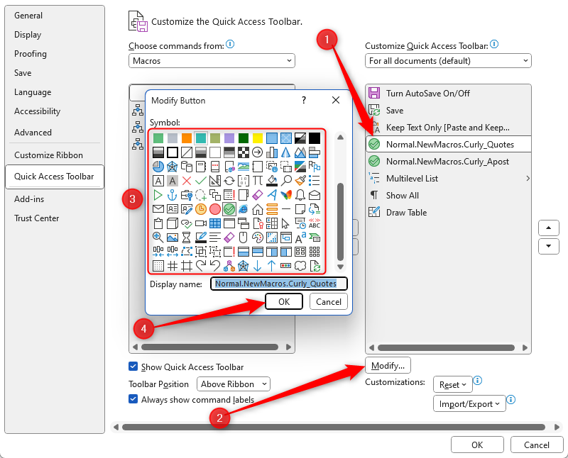 Il pulsante Modifica nella barra di accesso rapido di Word è selezionato ed è stata scelta una nuova icona per la macro.