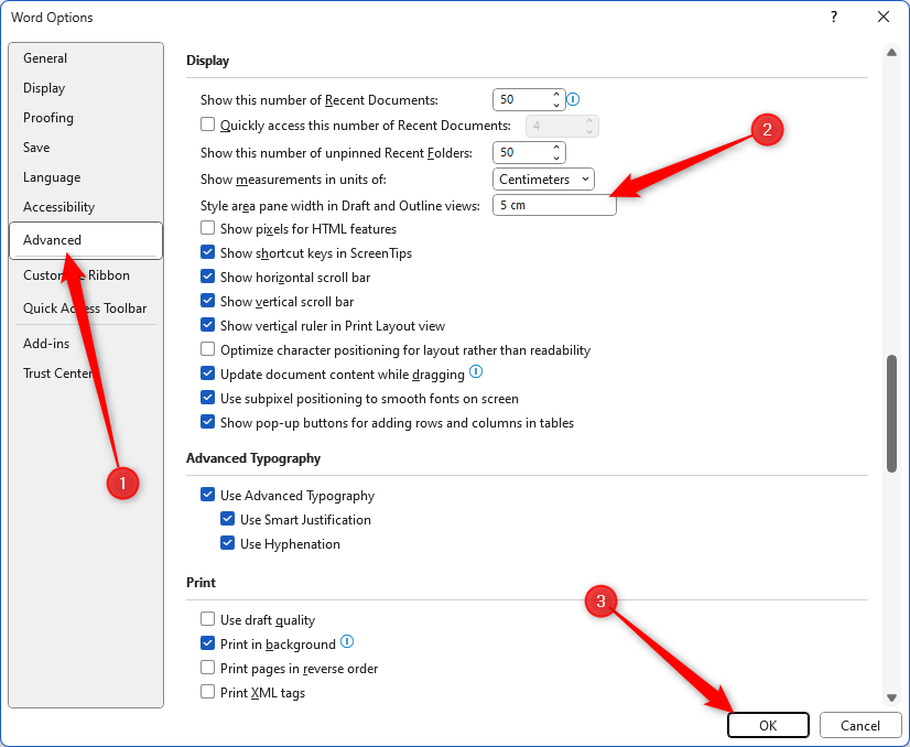 Finestra di dialogo Opzioni di Word, con la sezione Visualizzazione del menu Avanzate che mostra la larghezza del riquadro Area stile modificata in 5 cm.