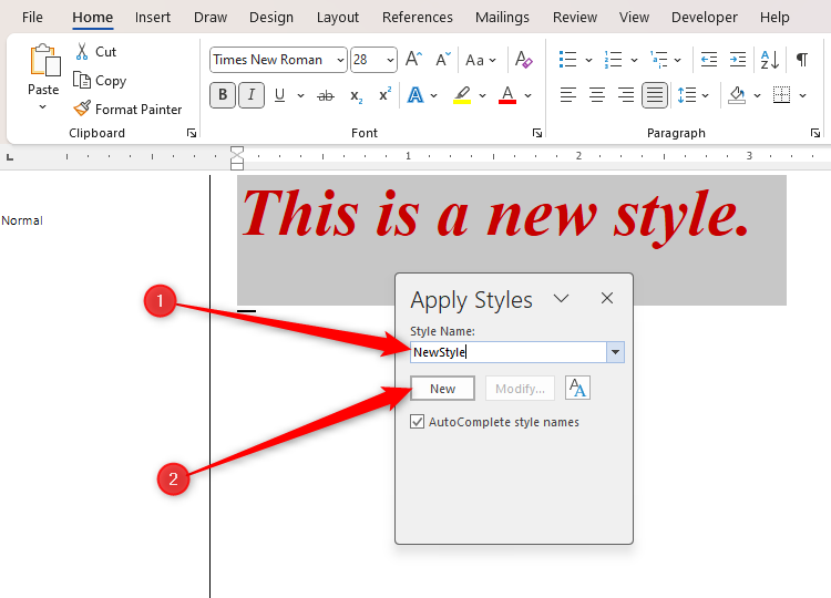 Testo in Microsoft Word, con la finestra di dialogo Applica stili in alto che mostra il nome del nuovo stile, "Nuovo stile" e il pulsante Nuovo evidenziato.