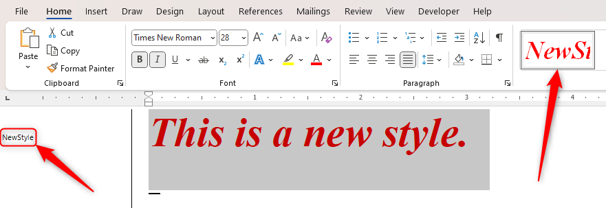 Un documento di Microsoft Word che mostra lo stile appena aggiunto nel riquadro Area stile e nella Galleria stili.