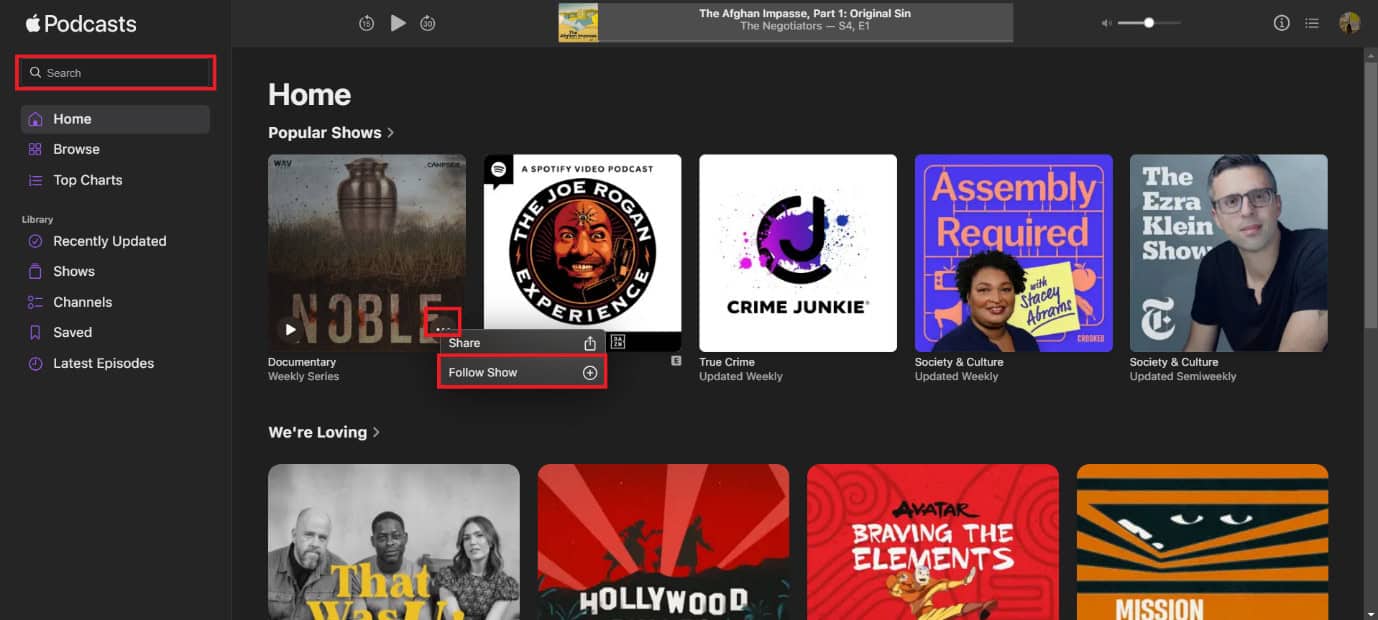 Seleziona Segui | Come utilizzare Apple Podcast sul Web