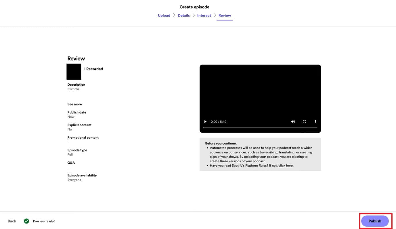 Fare clic su Pubblica | Come caricare podcast video su Spotify