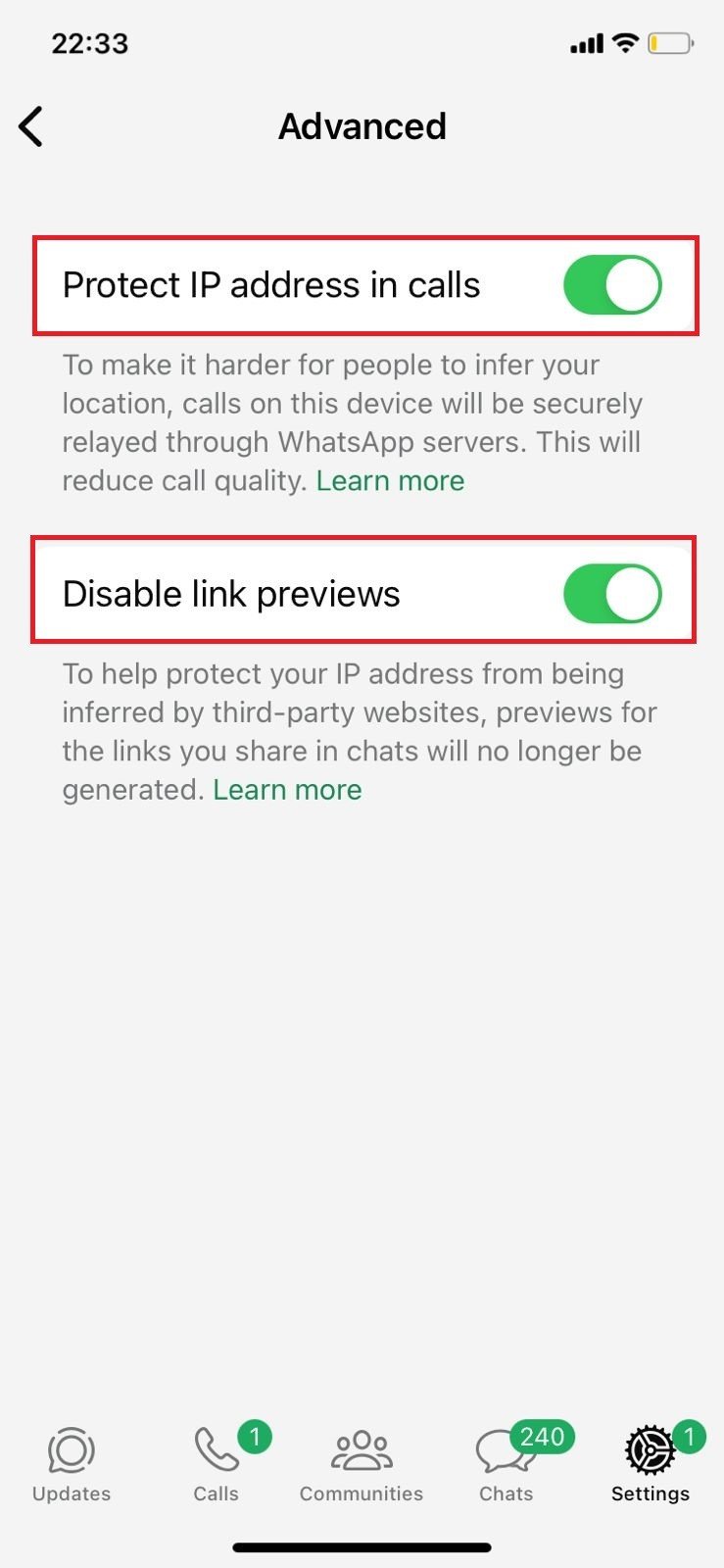 attiva l'interruttore per Disabilita anteprime dei collegamenti | Come nascondere il tuo numero di telefono su WhatsApp